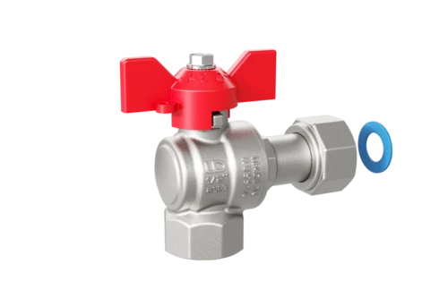 Кран шаровой латунный угловой с накидной гайкой LD Pride 47.15.В-НкГк.У.Б Ду 15 Ру 40 бабочка (red)